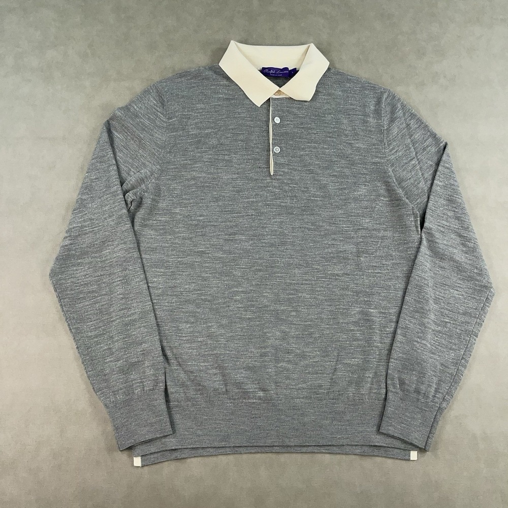 Ralph Lauren Purple Label Heather Gray Long-Sleeve Polo with Cream Collar